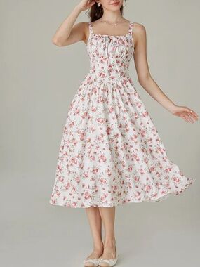 Scarlet Darkness Pink Floral Milkmaid Midi Dress Size Medium NWOT